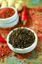 Red hot chili Cayenne and black pepper fresh and dried powdered Royalty Free Stock Photo