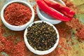 Red hot chili Cayenne and black pepper fresh and dried powdered Royalty Free Stock Photo