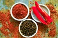 Red hot chili Cayenne and black pepper fresh and dried powdered Royalty Free Stock Photo