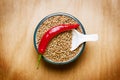 Red hot chili Coriander on wood table