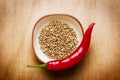 Red hot chili Coriander on wood table