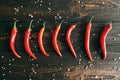 Red hot chili peppeprs on dark wooden background