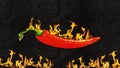 Red hot chili pepper on black background with flame, illustration