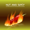 Red hot chili pepper in fire, fresh ingredient for tasty spicy food on dark green background Royalty Free Stock Photo