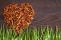 Red hot chili pepper flakes lying on wooden table in heart shape with green grass. Cooking concept, seasonings for food. Royalty Free Stock Photo