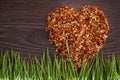 Red hot chili pepper flakes lying on wooden table in heart shape with green grass. Cooking concept, seasonings for food. Royalty Free Stock Photo