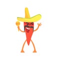 Red Hot Chili Pepper Humanized Emotional Flat Cartoon Character With Sombrero And Maracas Royalty Free Stock Photo