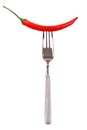 Red hot chili pepper pricked on the steel fork Royalty Free Stock Photo