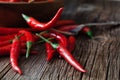 Red hot chili pepper on vintage silver fork over red background Royalty Free Stock Photo