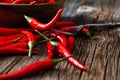 Red hot chili pepper on vintage silver fork over wooden background Royalty Free Stock Photo