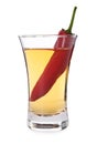 Red hot chili pepper and vodka in shot glass on white background Royalty Free Stock Photo