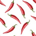 Seamless pattern of red hot chili pepper, whole pod. Hand drawn watercolor illustration isolated on white background Royalty Free Stock Photo