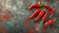 Red hot chili peppers with basil leaves on dark background, top view Royalty Free Stock Photo