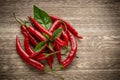 Red hot chili peppers and basil leaves on wooden