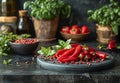 Red hot chili peppers and basil on stone board Royalty Free Stock Photo