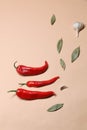 Red  hot chili peppers, bay leaves, garlic cloves on pink background; space for text Royalty Free Stock Photo