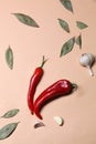 Red  hot chili peppers, bay leaves, garlic cloves on pink background; space for text Royalty Free Stock Photo
