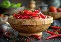 Red hot chili peppers in bowl. A hot chilli pepper in wooden bowl with spice inside Royalty Free Stock Photo