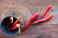 Red hot chili peppers in the bowl on wooden table background. Top view, copy space Royalty Free Stock Photo