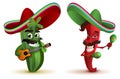 Red hot chili peppers and cactus in Mexican hat sombrero dancing maracas Royalty Free Stock Photo