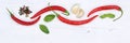 Red hot chili peppers chilli cooking ingredients banner copyspace background top view