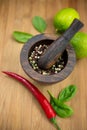 Red Hot Chili Peppers, lime and spices with Mortar and Pestle Royalty Free Stock Photo