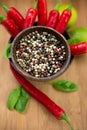 Red Hot Chili Peppers, lime and spices with Mortar and Pestle Royalty Free Stock Photo