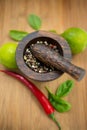 Red Hot Chili Peppers, lime and spices with Mortar and Pestle Royalty Free Stock Photo