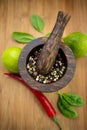 Red Hot Chili Peppers, lime and spices with Mortar and Pestle Royalty Free Stock Photo