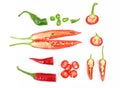 Hot chili peppers and cross section of long peppers. Small peppers, sliced peppers and different shapes of chili peppers Royalty Free Stock Photo