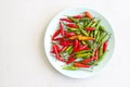 Red Hot Chili Peppers On Modern Background or White Table, on a Round Plate. A Lot of Red Chilli Peppers. Green Hot Chili Peppers Royalty Free Stock Photo