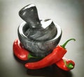 Red Hot Chili peppers and mortar Royalty Free Stock Photo