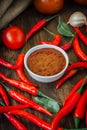 Red hot chili peppers and salsa or adjika in white ceramic bowl. Royalty Free Stock Photo