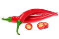 red hot chili peppers with slices isolated on white background Royalty Free Stock Photo