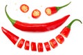 red hot chili peppers with slices isolated on white background. top view Royalty Free Stock Photo