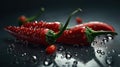 Red hot chili peppers with water drops on dark background, closeup