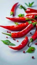 red hot chili peppers on white backdrop, vibrant and spicy Close up