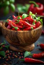 Red hot chili peppers in wooden bowl. A hot chilli pepper in wooden bowl with spice inside Royalty Free Stock Photo