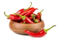 Red hot chili peppers in wooden bowl Royalty Free Stock Photo