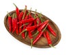 Red hot chili peppers on a wooden plate isolated on white background. Royalty Free Stock Photo