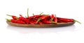 Red hot chili peppers on a wooden plate isolated on white background. Royalty Free Stock Photo