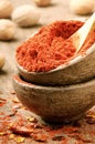 Red hot chili powder and flakes Royalty Free Stock Photo