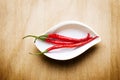Red hot chili on wood table Royalty Free Stock Photo