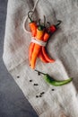 Red hot chilli chilies pepper bunch, tied by string on a gray background.