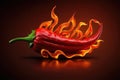 Red hot chilli pepper in fire on dark background. Generative AI