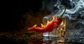 Red Hot Chilli Pepper in flames embedded in a frozen ice cube on a dark background