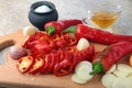 Red hot chilli pepper, garlic, onion, salt and vinegar Fresh organic vegetables for salad. Royalty Free Stock Photo