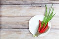 Red hot chilli pepper and green onion on plate Royalty Free Stock Photo