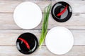 Red hot chilli pepper and scallions on plate Royalty Free Stock Photo