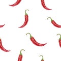 Red hot chilli pepper watercolor illustration seamless pattern. Royalty Free Stock Photo